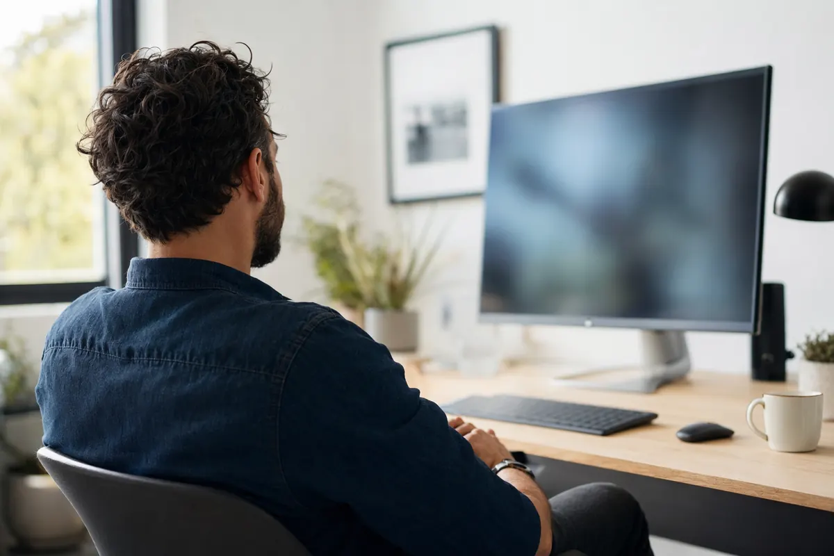 A developer sitting back from their desk mid-thought, hands away from the keyboard, still working while a question is out with an expert.