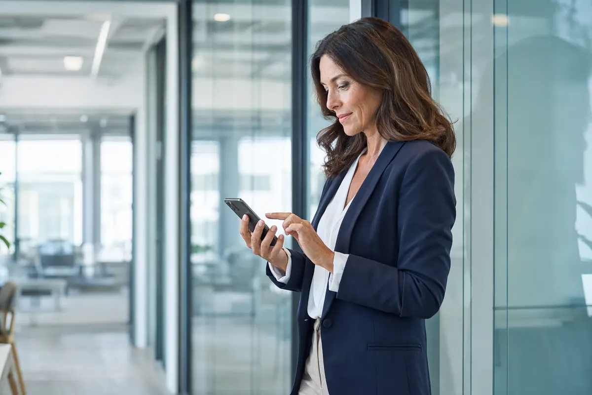 A subject-matter expert standing in an office, confirming an answer on her phone with a single tap.